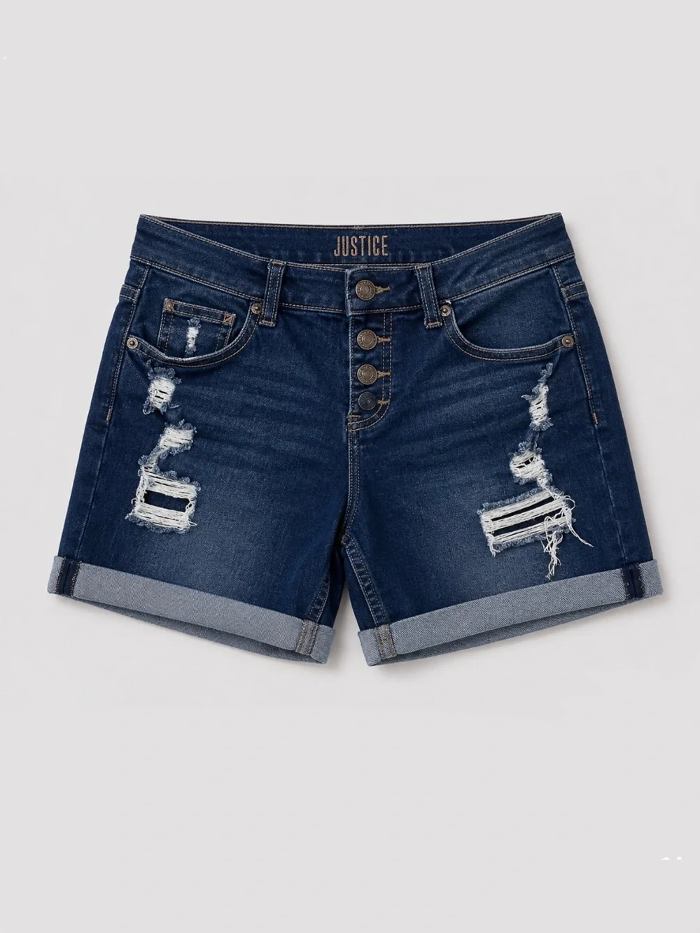Justice Blue Distressed Jean Shorts with Rolled Hem